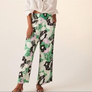 Maeve Anthropologie Green Floral Smocked Wide Leg Pants Small OB1459751